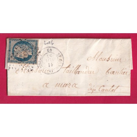 N°4 BLEU SUR JAUNATRE PC 3096 ST GERMAIN LEMBRON PUY DE DOME 1852 POUR MURAT CANTAL LETTRE