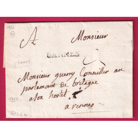 MARQUE VANNES MORBIHAN 1756 LENAIN N°4 INDICE 14 POUR RENNES ILLE ET VILAINE LETTRE