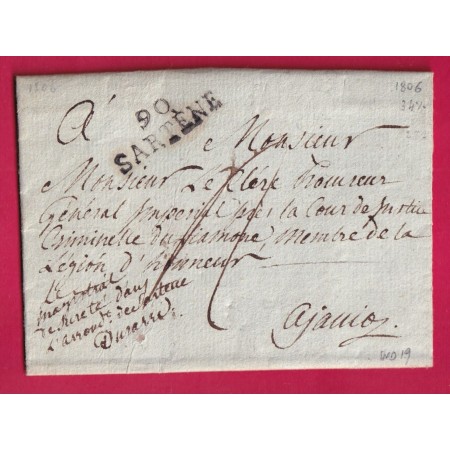 MARQUE 90 SARTENE CORSE CONTRE SEINGT LE MAGISTRAT DE SURETE 1806 POUR AJACCIO INDICE 19 LETTRE