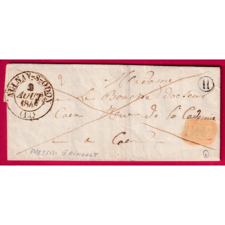CAD TYPE 13 AULNAY SUR ODON CALVADOS 1848 BOITE RURALE H PLESSIS GRIMOULT + PP ROUGE POUR CAEN LETTRE