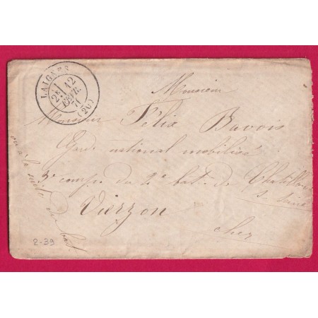 GUERRE 1870 LAIGNES COTE D'OR 12 FEV 1871 POUR VIERZON CHER GARDE NATIONALE BATAILLON DE CHATILLON SUR SEINE LETTRE
