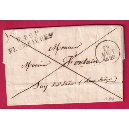MARQUE P82P PLOMBIERES VOSGES 1829 POUR SCEY SUR SAONE INDICE 16 SIGNE POTHION AU DOS LETTRE