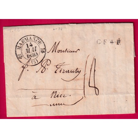 CAD TYPE 12 MARMANDE LOT ET GARONNE 1830 POUR NICE ETATS SARDE GRIFFE CF4R  ALPES MARITIMES  LETTRE