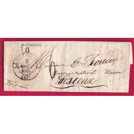 CAD TYPE 13 LE DELIVRADE CALVADOS 1838 BOITE RURALE E OUISTREHAM 1838 POUR LISIEUX LETTRE