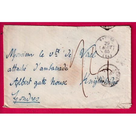 CAD TYPE 15 VANNES MORBIHAN 1865 POUR LONDRES LONDON TAXE 14 LETTRE