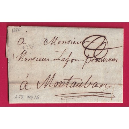 MARQUE PORT PAYE A TOULOUSE HAUTE GARONNE 1782 LENAIN N°59 INDICE 16 POUR MONTAUBAN TARN ET GARONNE LETTRE