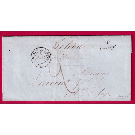 CURSIVE 50 PANCEY HAUTE MARNE TYPE 15 JOINVILLE SUR MARNE POUR BOLOGNE AU TYPE 12 VIGNORY 1850 INDICE 15 LETTRE