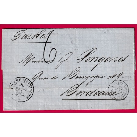 ST PIERRE MARTINIQUE 1863 TAXE 6 VOIE ANGLAISE POUR BORDEAUX LETTRE