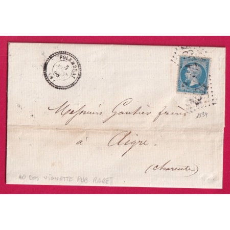 N°22 GC 1534 FOLEMBRAY AISNE CAD TYPE 22 POUR AIGRE CHARENTE VIGNETTE PUB AU DOS LETTRE