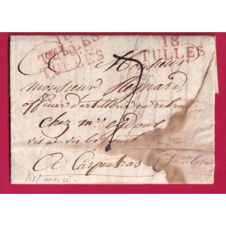 MARQUE P18P TULLES EN ROUGE ANNULE PAR 18 TULLES CORREZE 1819 POUR CARPENTRAS VAUCLUSE  LETTRE