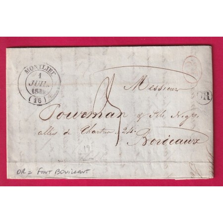 CAD TYPE 14 MONTLIEU CHARENTE INFERIEURE OR FONT BOUILLANT DECIME RURAL POUR BORDEAUX 1839 LETTRE