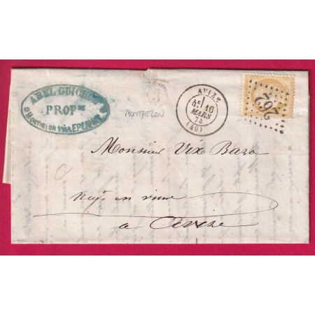 N°59 GC 262 AVIZE MARNE BOITE RURALE J MONTHELON POUR AVIZE 1874 LETTRE