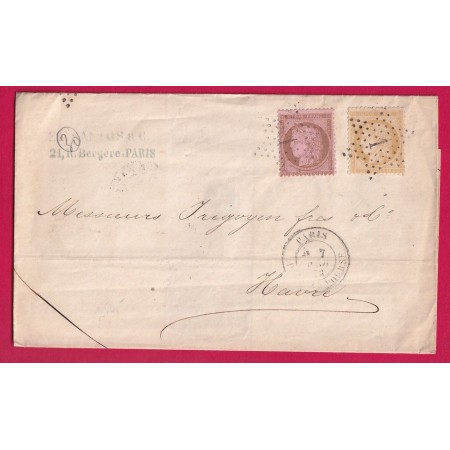 N°58 59 PARIS ETOILE 1 PL DE LA BOURSE POUR LE HAVRE SEINE INFERIEURE 1873 LETTRE