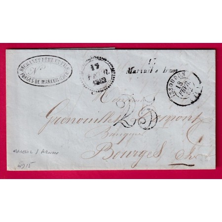 CURSIVE 17 MAREUIL SUR ARNON CHER CAD TYPE 15 ISSOUDIN INDRE DATEUR B 1852 POUR BOURGES LETTRE