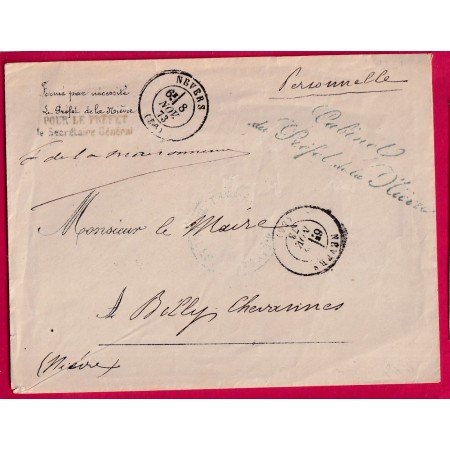 FRANCHISE CABINET DU PREFET DE LA NIEVRE NEVERS 1873 POUR BILLY CHEVANNES 1873 LETTRE
