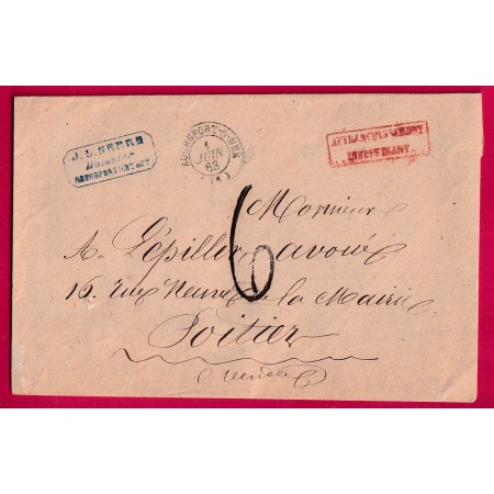 LETTRE NON AFFRANCHI TAXE TAMPON 6 AFFRANCHI INSUFF ROCHEFORT SUR MER 1863 CHARENTE INFERIEURE POUR POITIERS LETTRE