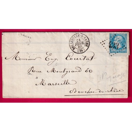 N°22 TRES BELLE VARIETE DE PIQUAGE A CHEVAL BORD DE FEUILLE BALLEVILLE SUR SAONE RHONE POUR MARSEILLE 1865 LETTRE