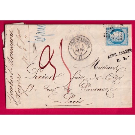 N°60 GARE D'ANGERS MAINE ET LOIRE TAXE MANUSCRIT 35 ROUGE AFFR INSUFF R3 PARIS POUR PARIS LETTRE
