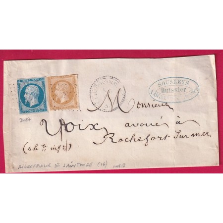 N°13 14 PC 3487 AIGREFEUILLE DE SAINTONGE CHARENTE INFERIEURE CAD TYPE 22 TARIF PAPIERS AFFAIRES POUR ROCHEFORT LETTRE