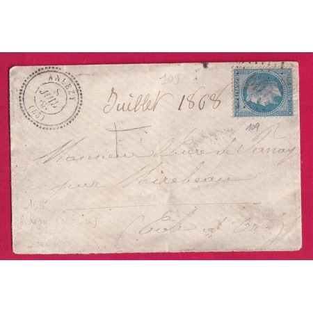 N°29 GC 109 ANLEZY NIEVRE CAD TYPE 22 1868 POUR MIREBEAU COTE D'OR LETTRE