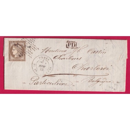 N°56 PARIS ETOILE 1 PL DE LA BOURSE POUR CHARLEROI BELGIQUE 1873 LETTRE