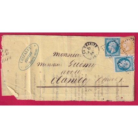 N°13 14 X2 PC 748 LA CHARITE NIEVRE TARIF PAPIERS AFFAIRES POUR CLAMECY AFFICHE REUTILISEE LETTRE