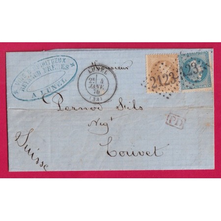 N°28 29 GC 2123 LUNEL HERAULT POUR COUVET SUISSE 1870 LETTRE