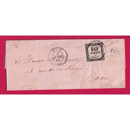 TIMBRE TAXE N°2 CAD TYPE 15 CAEN CALVADOS 2 JANV 1860 PAPIER ROSE LETTRE