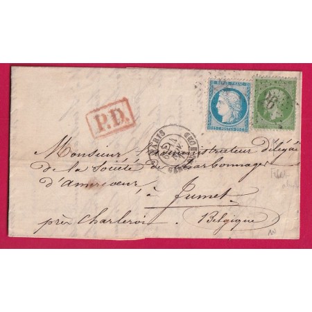 N°20 + 60 PARIS ETOILE 26 GARE DU NORD POUR JUMET BELGIQUE 14 NOV 1871 LETTRE
