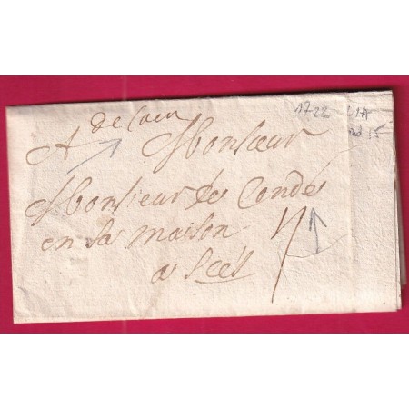 MARQUE MANUSCRIT DE CAEN CALVADOS 1722 POUR MONSIEUR DE CONDE SEES ORNE INDICE 15 LETTRE