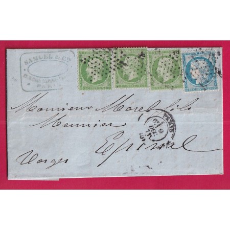 N°20 X3 + 60 PARIS ETOILE PLEINE PARIS BUREAU CENTRAL POUR EPINAL VOSGES 9.12.1871 LETTRE