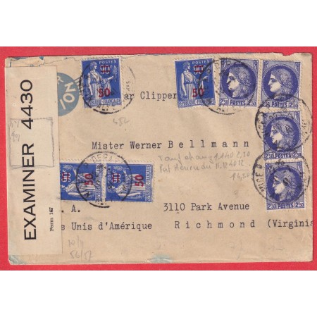 NICE ALPES MARITIME 1941 CENSURE AMERICAINE RICHMOND VIRGINIE ETATS UNIS AMERIQUE CERES TYPE PAIX