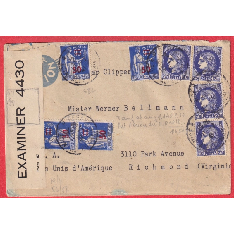 NICE ALPES MARITIME 1941 CENSURE AMERICAINE RICHMOND VIRGINIE ETATS UNIS AMERIQUE CERES TYPE PAIX