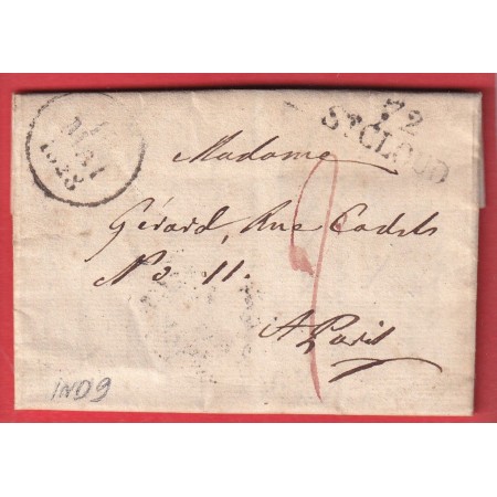 MARQUE 72 ST CLOUD SEINE ET OISE TAXE 2 ROUGE POUR PARIS 1828 INDICE 9