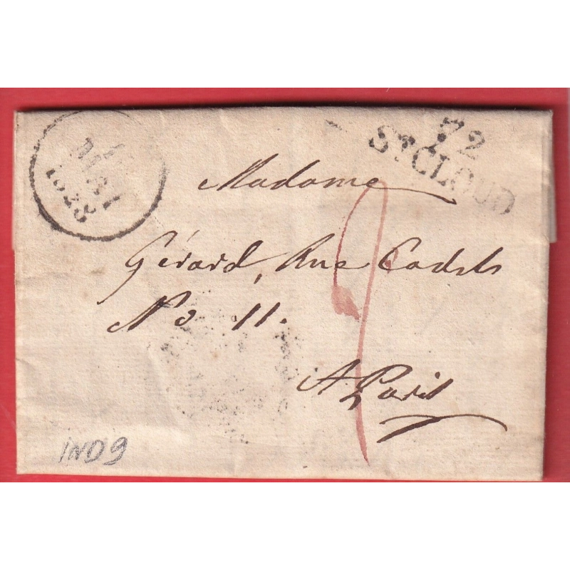 MARQUE 72 ST CLOUD SEINE ET OISE TAXE 2 ROUGE POUR PARIS 1828 INDICE 9