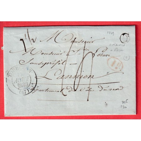 CAD TYPE 13 TOURCOING NORD BOITE RURALE D HALLOUIN + AVIS DE CHARGEMENT 1839 TAXE MANUSCRIT 14 LANNION COTES DU NORD