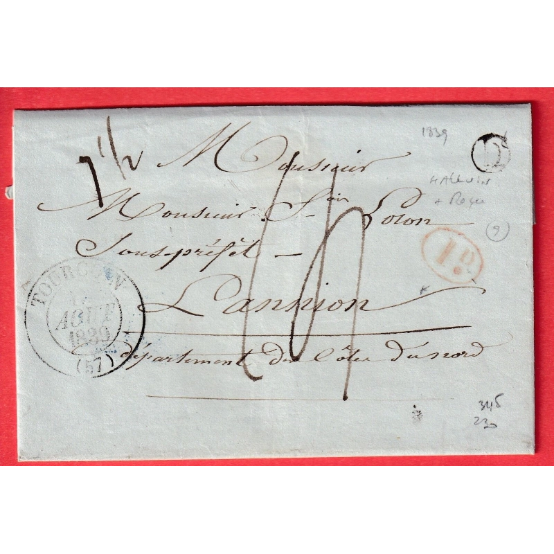 CAD TYPE 13 TOURCOING NORD BOITE RURALE D HALLOUIN + AVIS DE CHARGEMENT 1839 TAXE MANUSCRIT 14 LANNION COTES DU NORD