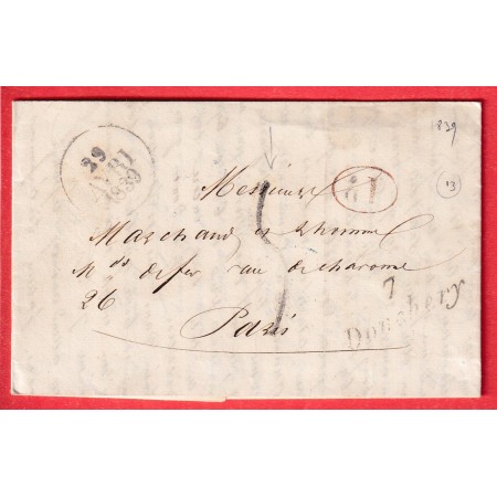 CURSIVE 7 DONCHERY ARDENNES TAXE TAMPON 5 FABRICATION LOCALE PARIS 1839 INDICE 13