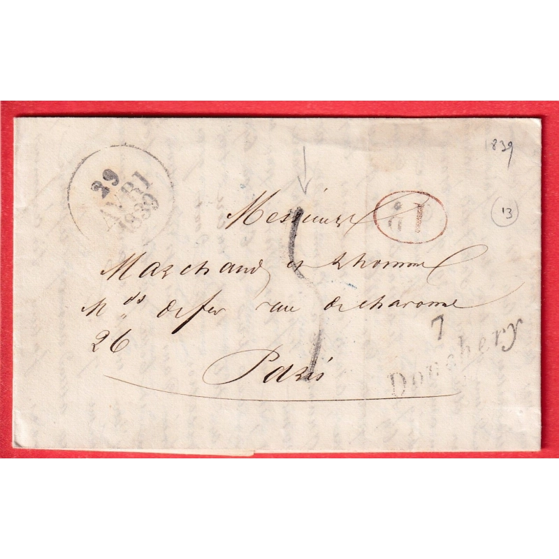 CURSIVE 7 DONCHERY ARDENNES TAXE TAMPON 5 FABRICATION LOCALE PARIS 1839 INDICE 13