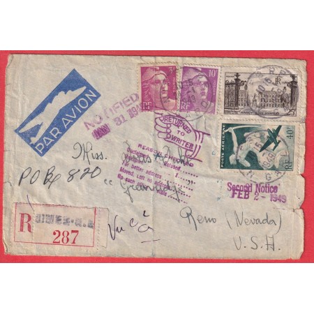 NIMES GARD 1949 GANDON RENO NEVADA USA RECOMMANDE RETOUR ENVOYEUR