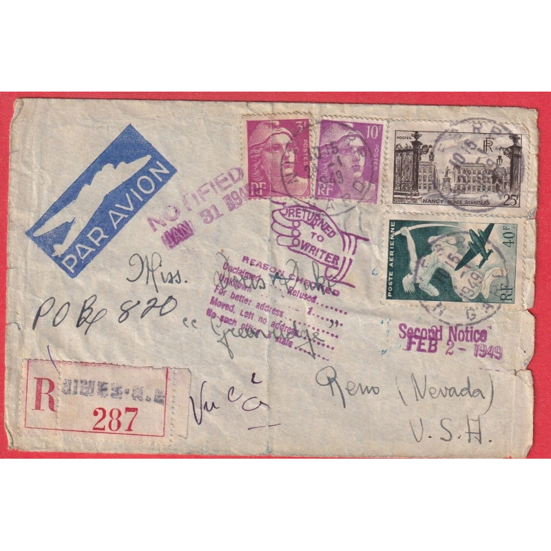 NIMES GARD 1949 GANDON RENO NEVADA USA RECOMMANDE RETOUR ENVOYEUR