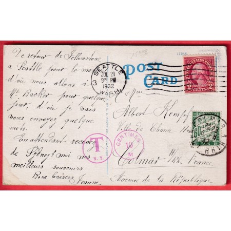 SEATTLE USA 1932 TAXE DUVAL 60C VERT COLMAR HAUT RHIN + TAMPON 10 CENTS