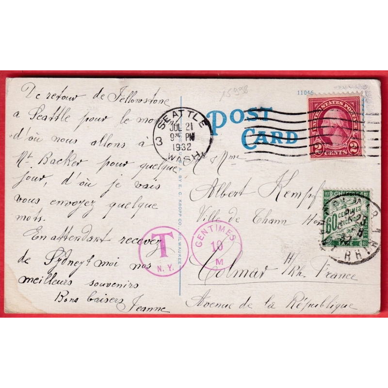 SEATTLE USA 1932 TAXE DUVAL 60C VERT COLMAR HAUT RHIN + TAMPON 10 CENTS