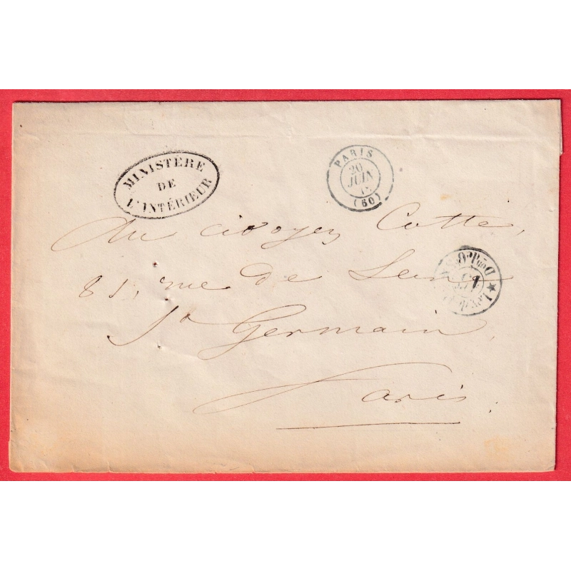 FRANCHISE II EME REPUBLIQUE MINISTERE DE L'INTERIEUR PARIS REVOLUTION 1848 POUR PARIS