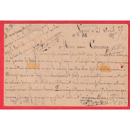 N° 75 76 (RARE) CAD AUXON AUBE 1877 BOITE RURALE D VOSNON CARTE PRECURSEUR