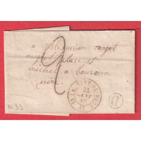 CAD TYPE 15 ST LAURENT DE MURE 25 JANVIER 1849 ISERE BOITE RURALE D GRENAY POUR BOURGOIN