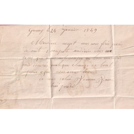 CAD TYPE 15 ST LAURENT DE MURE 25 JANVIER 1849 ISERE BOITE RURALE D GRENAY POUR BOURGOIN