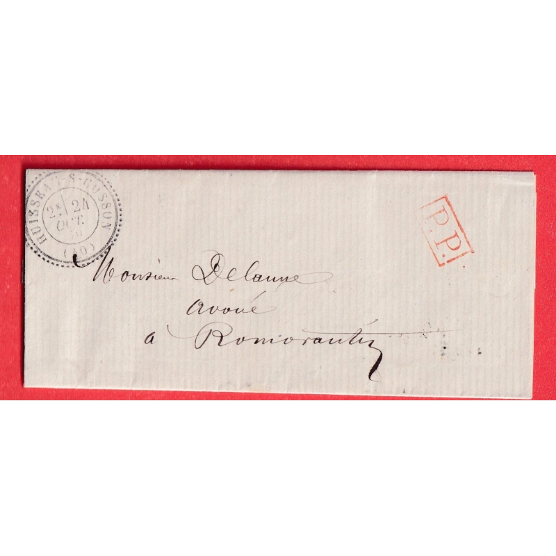 CAD TYPE 24 HUISSEAU SUR COSSON LOIRE ET CHER PP ROUGE FAUTE DE TIMBRE GUERRE 1870 RARE INDICE 18