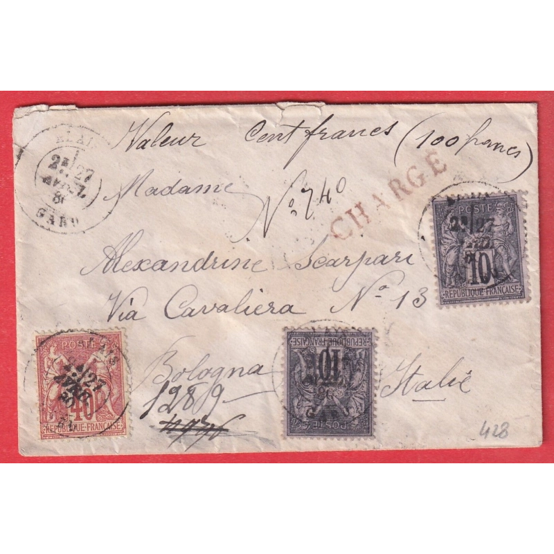 N°70 89 ALAIS GARD 1880 LETTRE CHARGE BOLOGNA ITALIE ITALIA