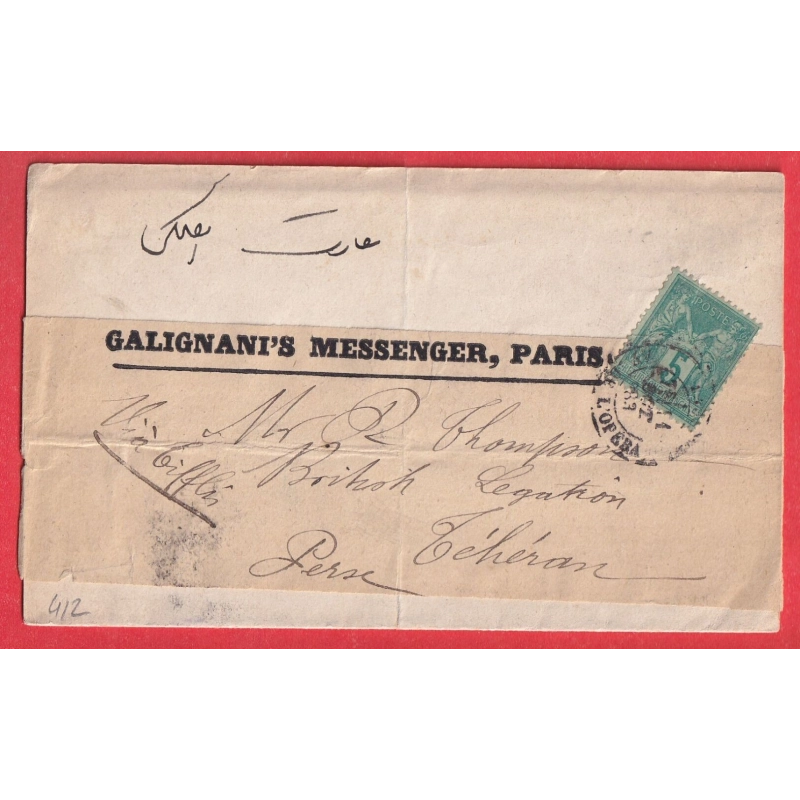 N°75 SEUL SUR IMPRIME PARIS AV DE L'OPERA TEHERAN PERSE IRAN 1883 RARE